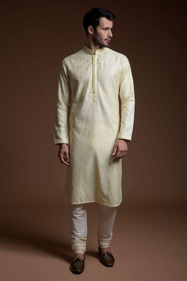 Pastel Yellow Thread Embroidered Silk Kurta-KR842