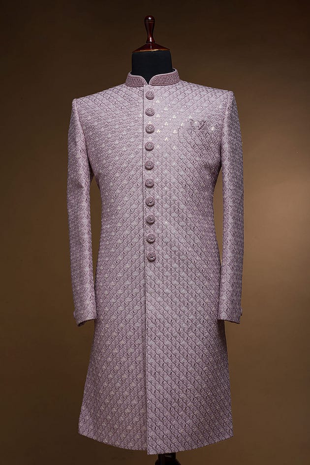 Dusty Lavender Silk IndoWestern Sherwani with Straight Cut Style and Mandarin Collar-GG2870
