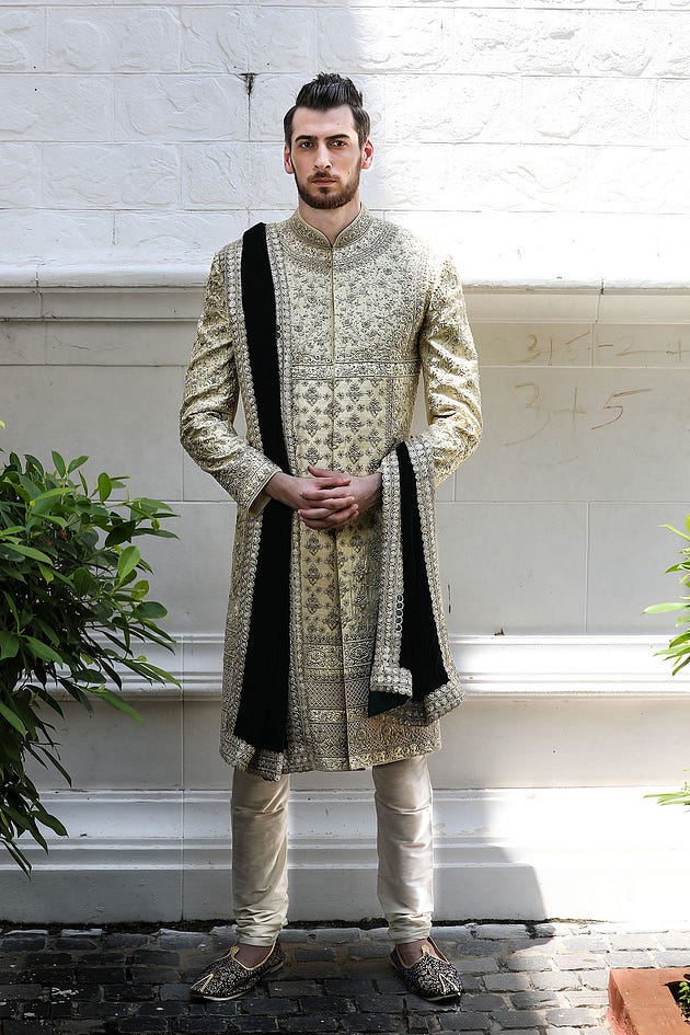 Beige Thread Embroidered Silk Wedding Sherwani-SH949