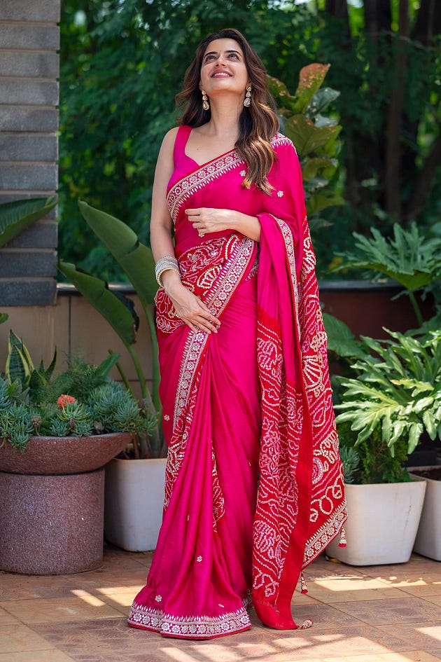 Ashika Ranganth Owning the Look in Samyakk’s Dark Pink Gota Embroidered Bandhani Saree