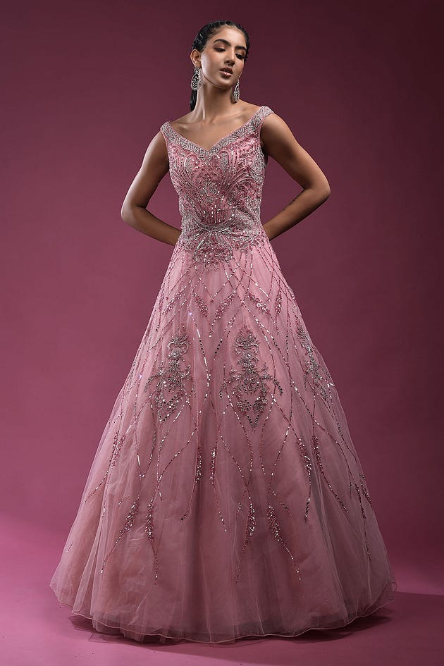 Light Pink Sequins Embroidered Evening Gown-HA3975