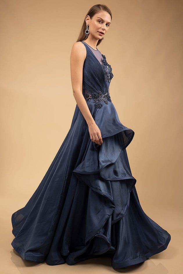 Steel Blue Sequins Embroidered Satin Evening Gown-RH1750
