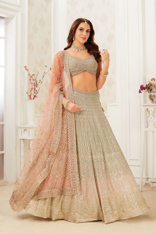 Green and Pink Ombre Designer Lehenga with Mirror Work and Leaf Neck Blouse , Embroidered Lehenga, Bridal Lehenga, Wedding Lehenga, Reception Lehenga, Engagement Lehenga, Mehendi Lehenga, Banarasi Lehanga