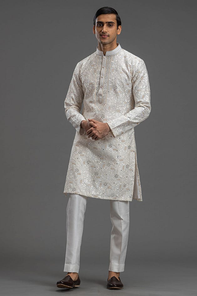 Light Beige Resham Embroidered Silk Kurta-KR970