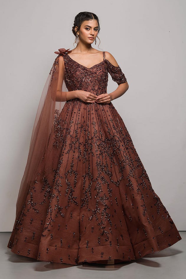 Chocolate Brown Sequins Embroidered Net Indowestern Gown from samyakk