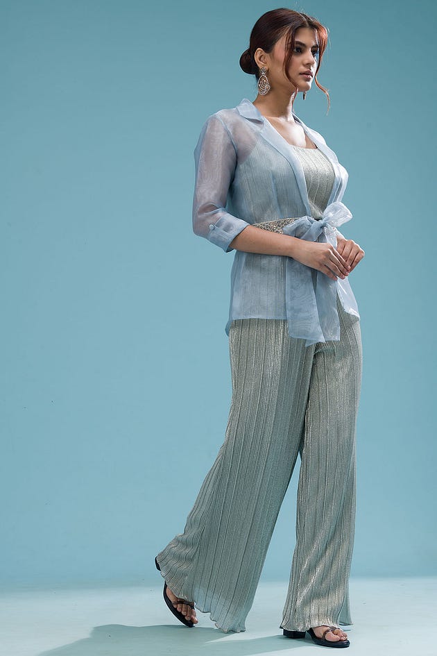 Blue Haze Sequins Embroidered Shimmer Jumpsuit-ND2666
