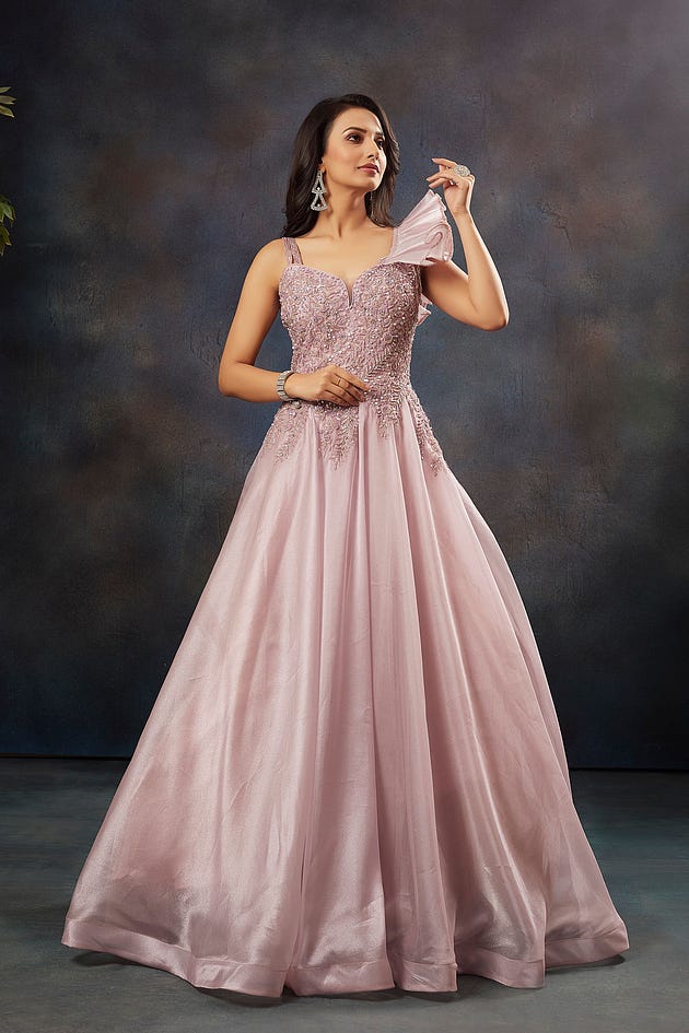 Bleached Mauve Purple Sequins Embroidered Shimmer Organza Evening Gown-NH2068