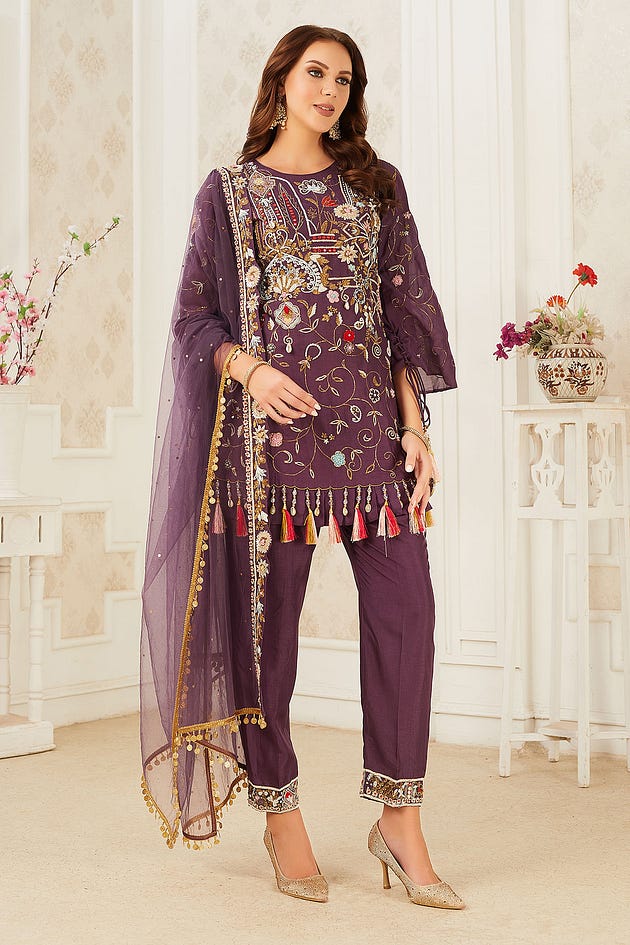 Purple Party Wear Salwar Kameez with Bell Sleeves-SL13820