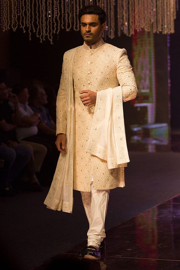 Light Beige Sequins Embroidered Silk Wedding Sherwani-SH1646