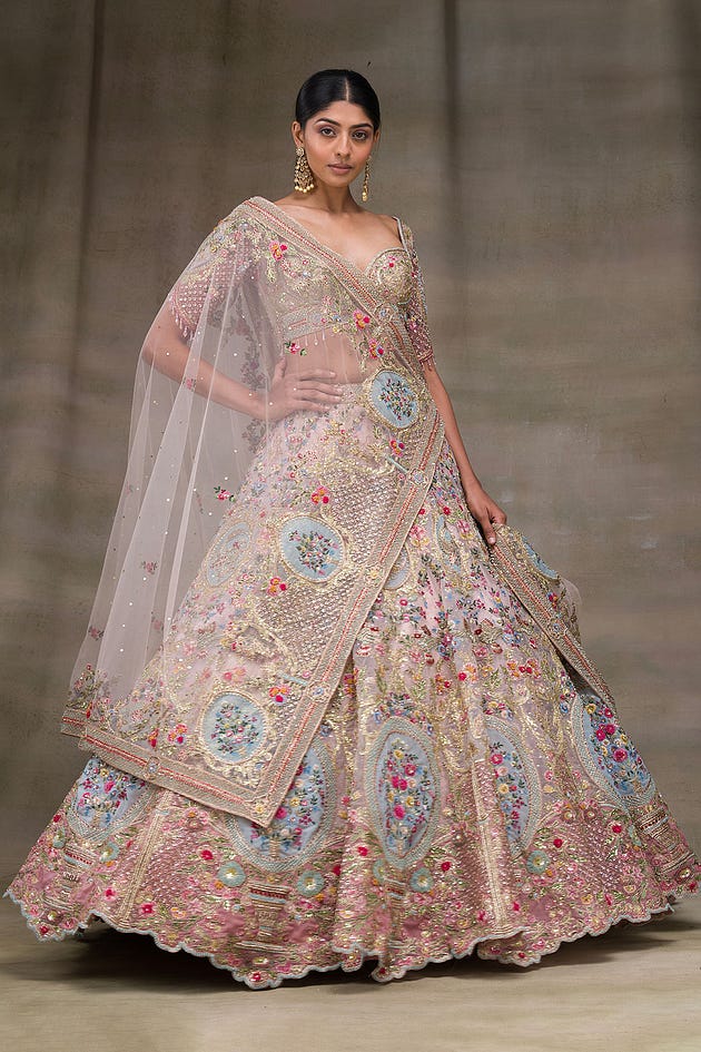 Dusty Pink Resham Embroidered Organza Bridal Lehenga