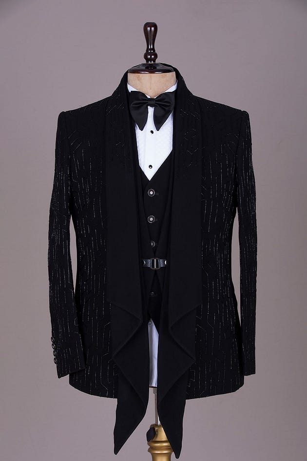 Black Cutdana Embroidered Italian Tuxedo Suit-HI1700