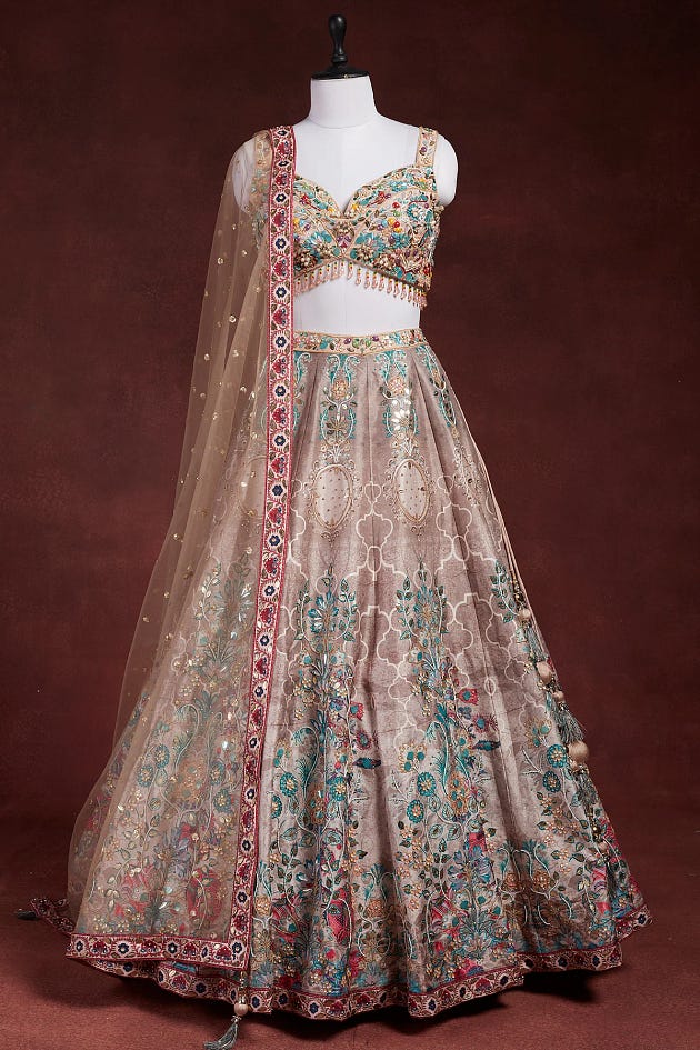 Beige Silk Bridesmaids Lehenga with Resham Embroidery and Sweetheart Neck Blouse-GH2067