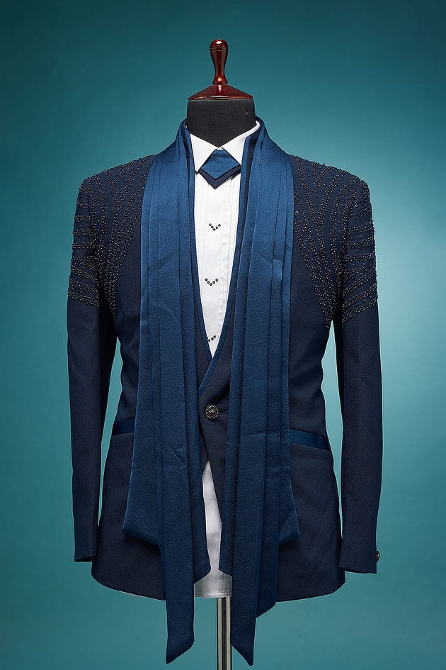 Navy Blue Resham Embroidered Terry Rayon Tuxedo Suit-GG3370