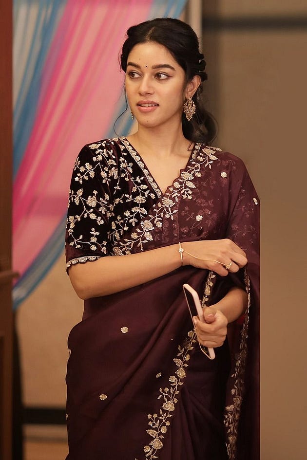 Actress Mrinalini in Samyakk’s Dark Brown Sequins Embroidered Organza Saree, designer sarees, organza sarees, actress sarees