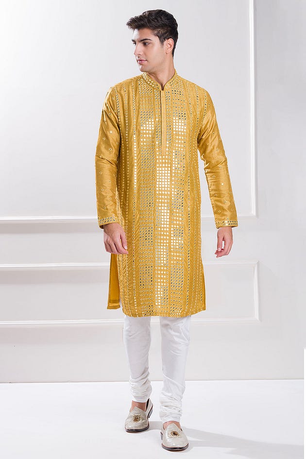 Mustard Yellow Mirror Embroidered Silk Kurta from Samyakk