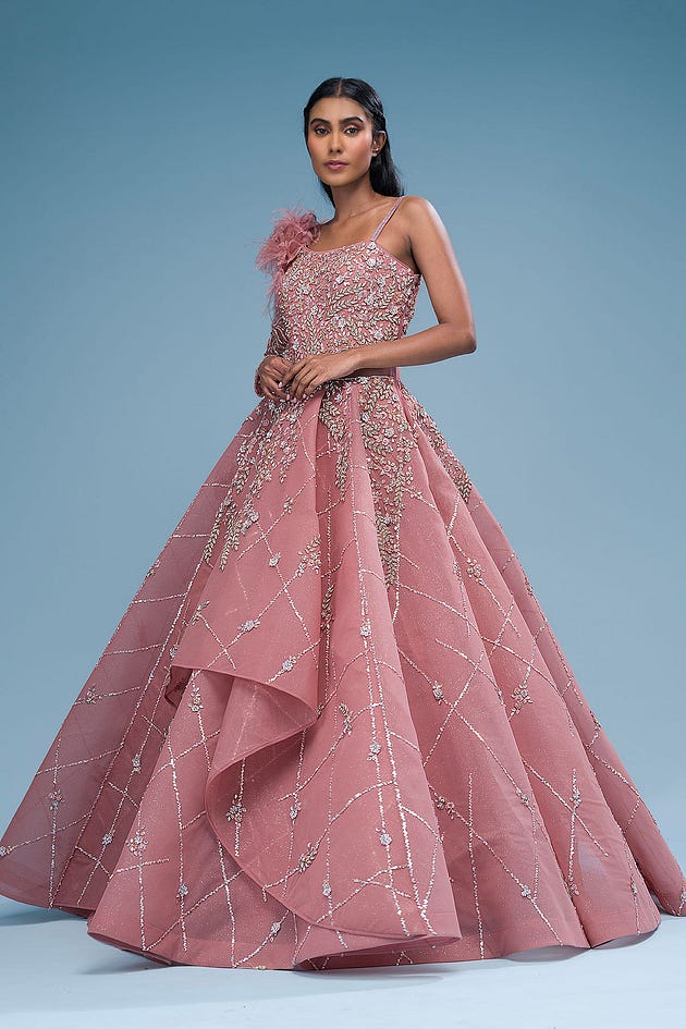 Dusty Pink Sequins Embroidered Net Evening Gown-NB1159