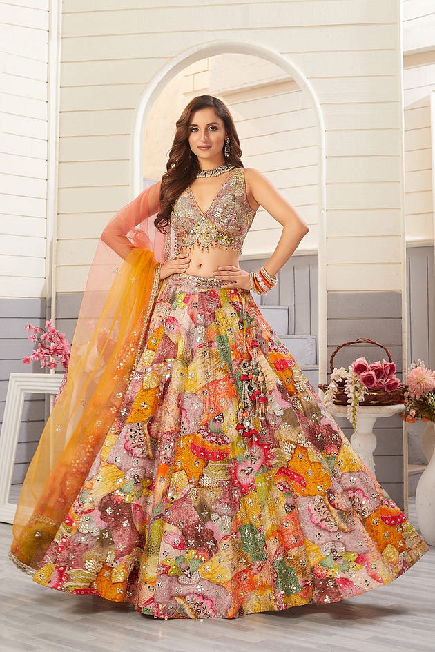 Multicolor Designer Lehenga with Abla Work and Deep V Neck Blouse from Samyakk this Independence Day