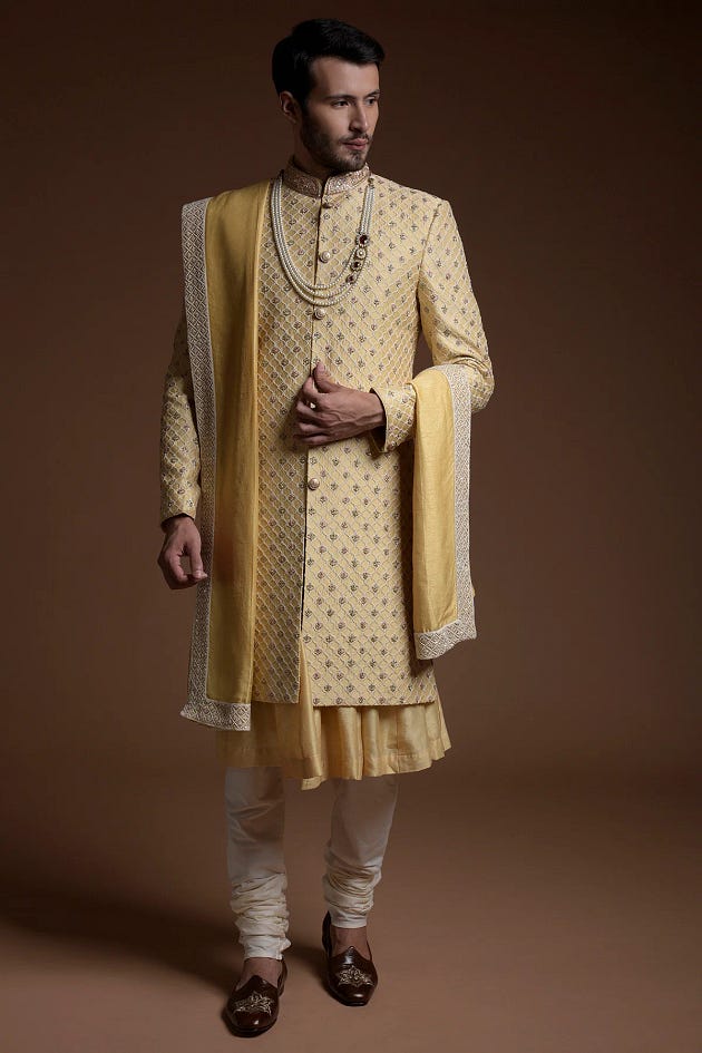 Light Yellow Zardosi Embroidered Raw Silk Wedding Sherwani