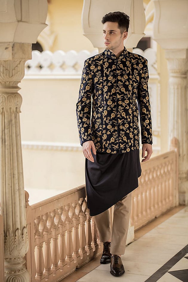 Navy Blue Zardosi Embroidered Velvet IndoWestern Sherwani-IW1516