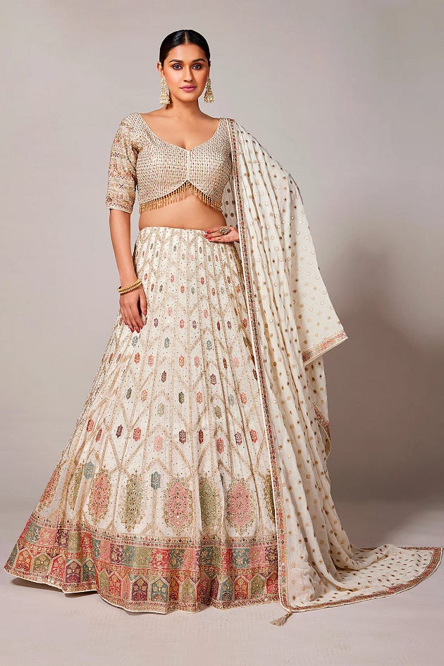 Off-White Sequins Embroidered Georgette Party Wear Lehenga