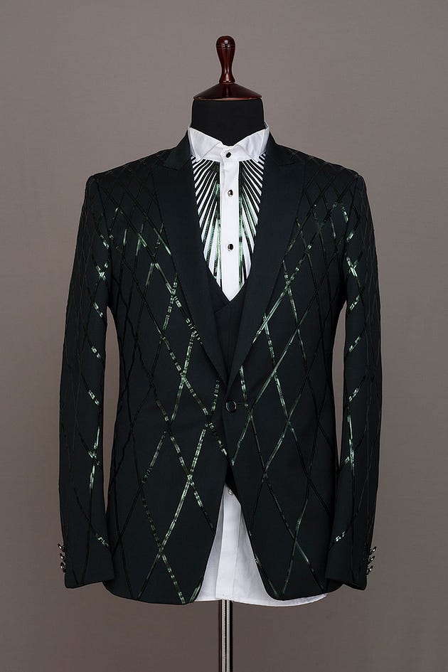 Darkest Spruce Green Metal Strip Embroidered Silk Tuxedo Suit-HC2037