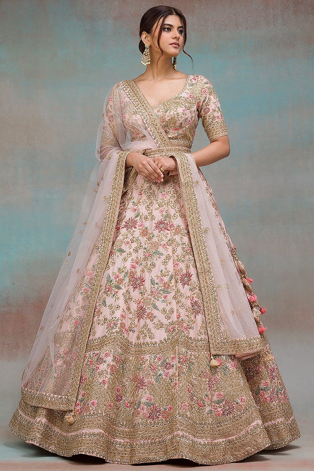 Light Pink Sequins Embroidered Silk Bridal Lehenga for USA, UK and Australian brides