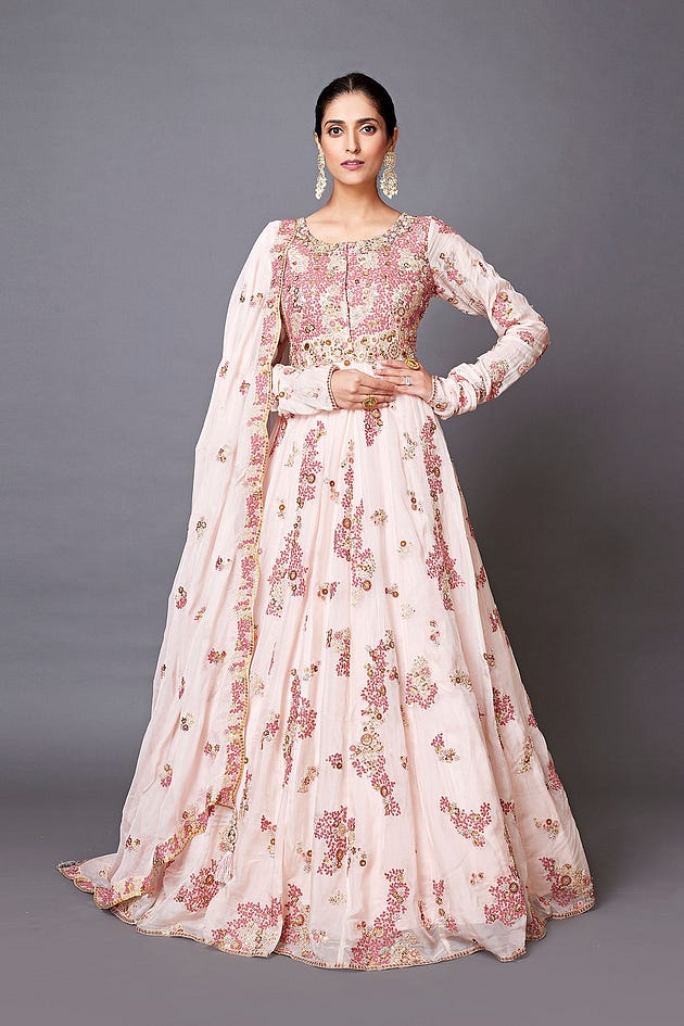 Light Pink Organza Anarkali Salwar With Sequins Work And Round Neck-SL13917