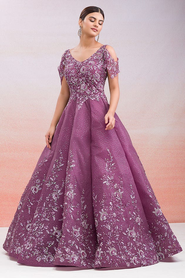 Raspberry Purple Sequins Embroidered Net Reception Gown-HI1993