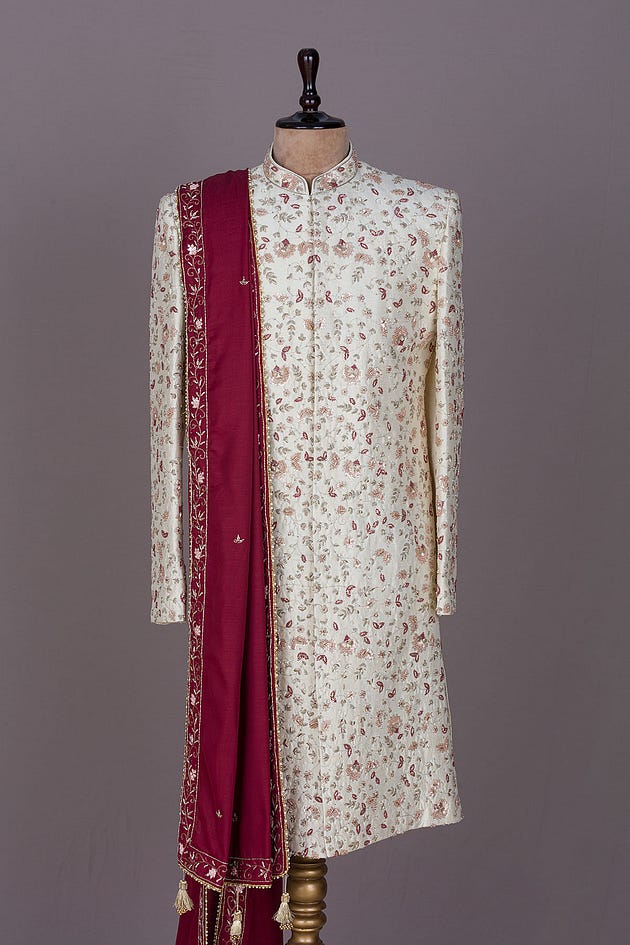 Cream Beige Zardosi Embroidered Raw Silk Wedding Sherwani-HF2972