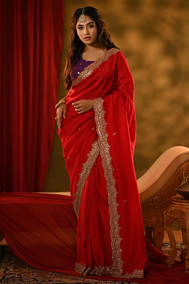 Sampaada Shines in Samyakk Scarlet Red Sequins Embroidered Silk Saree, Designer sarees, Red Designer Saree, Red saree, Designer silk sarees, silk sarees, celebrity wear sarees