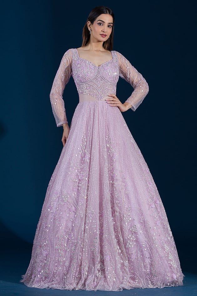 Light Purple Sequins Embroidered Net Reception Gowns -NF4628