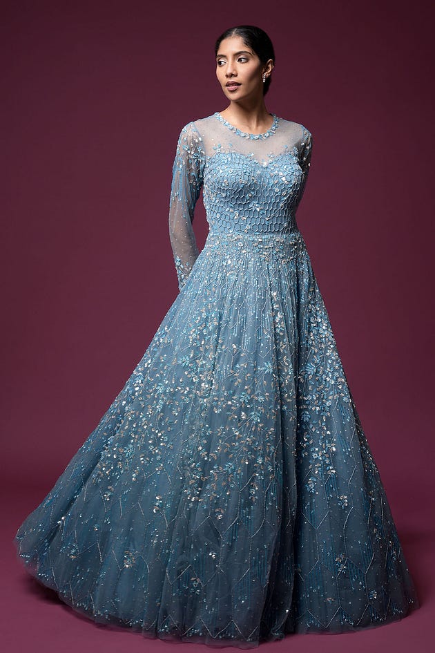 Steel Blue Sequins Embroidered Net Bridal Gown-SF1385