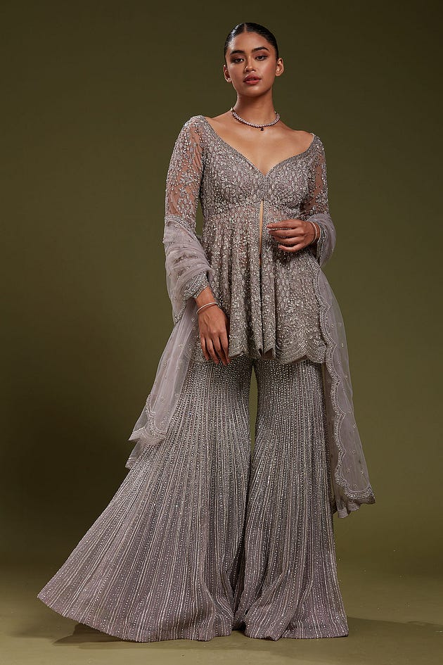 Grey Net Sangeet Salwar Kameez with Leaf Neck-GG1760