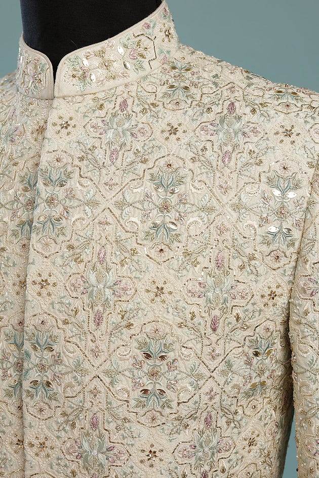 Cream Raw Silk Jodhpuri Suit With Zardosi Work-GF2110