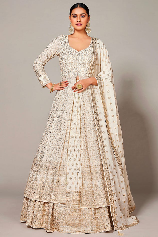 Katrina kaif lehenga in anant ambani wedding , Off-White Sequins Embroidered Georgette Indo-Western Lehenga-GC4541