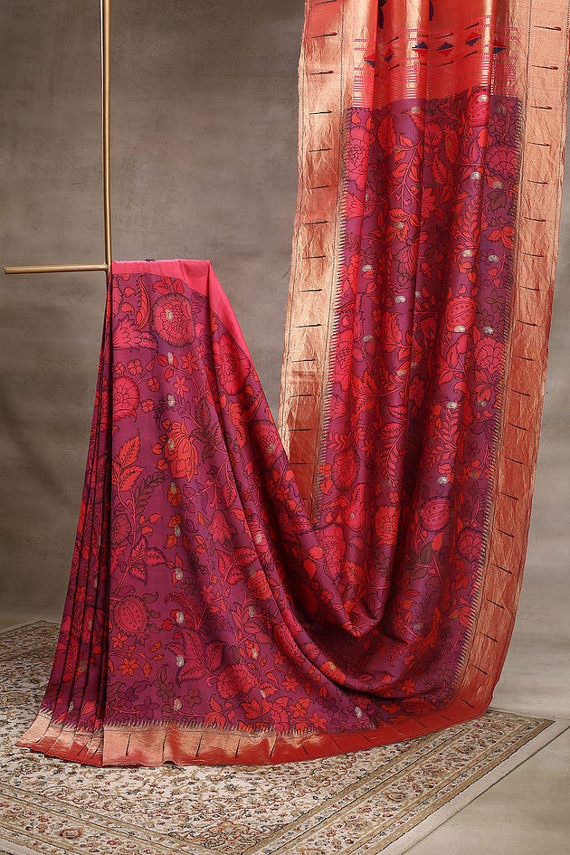 Dusty Lavender Hand Painted Kalamkari Silk Saree With Paithani Border, Kalamkari silk sarees, kalamkari sarees, Hand painted sarees, Handloom sarees, designer sarees