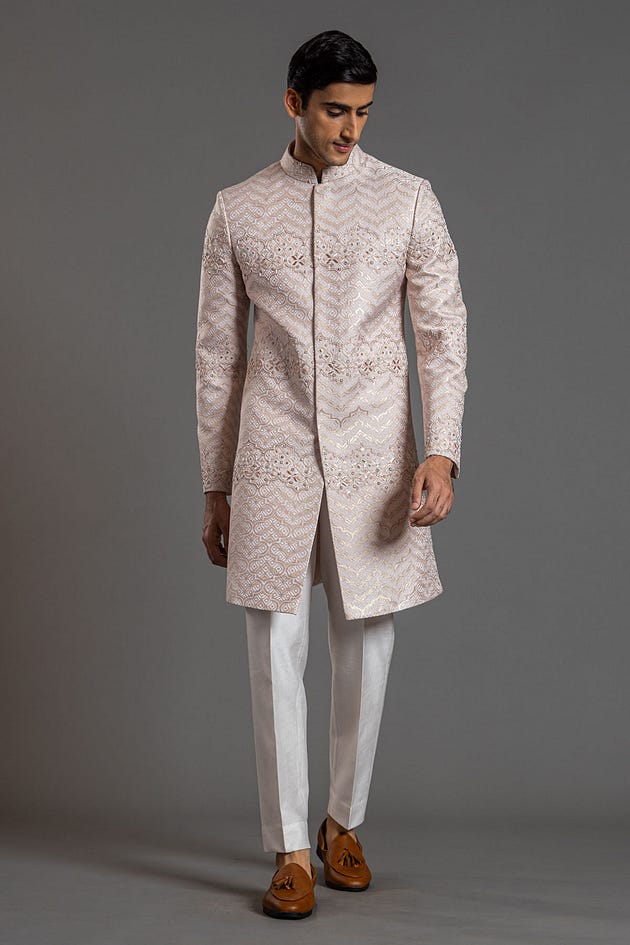 Off-White Resham Embroidered Italian Indowestern Sherwani