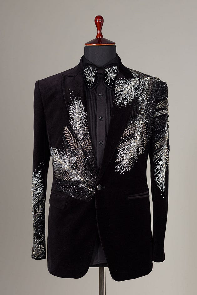 Black Cutdana Embroidered Suede Tuxedo Suit