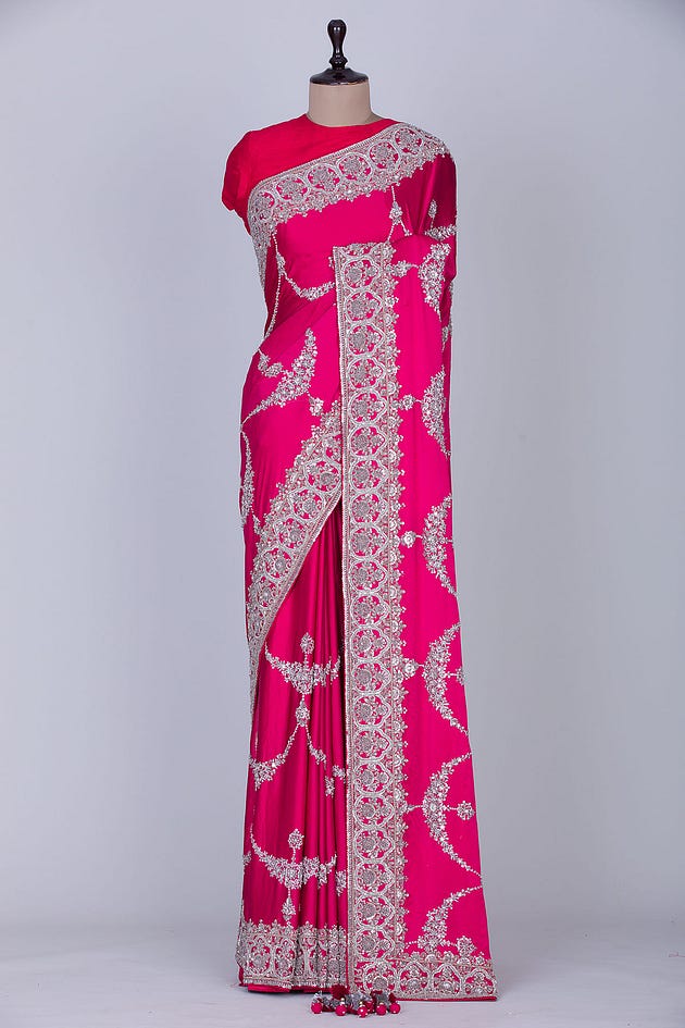 Crimson Pink Sequins Embroidered Satin Saree