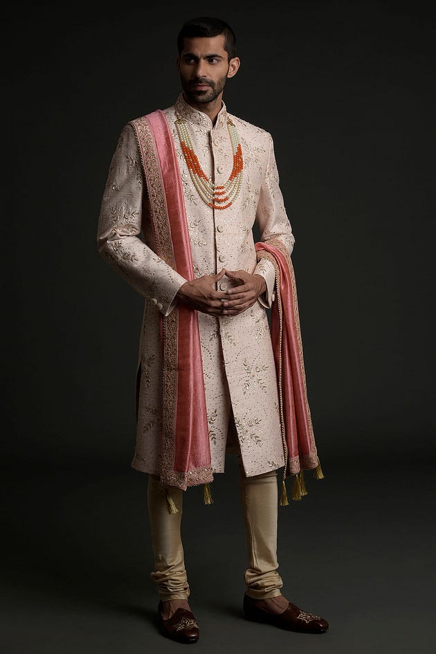 Pastel Pink Gota Embroidered Raw Silk Wedding Sherwani | Pink Sherwani | Pastel color Sherwani | Wedding Silk Sherwani | Sherwani with shawl | Embroidered Sherwani | Silk Sherwani