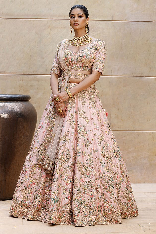 Nude Pink Resham Embroidered Raw Silk Bridal Lehenga