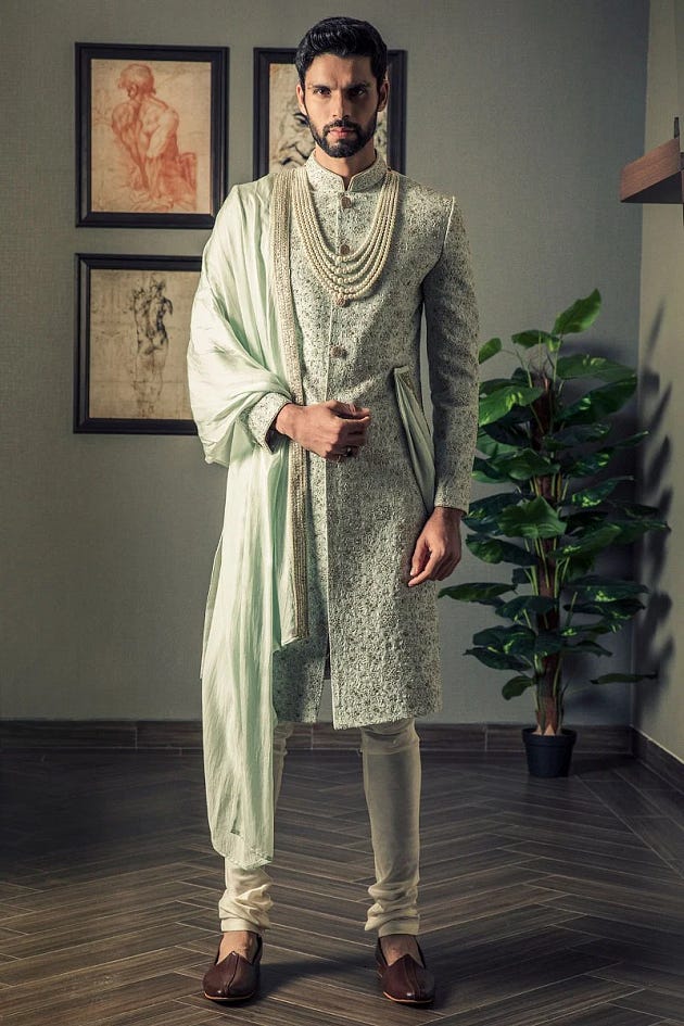 Mint Green Bead Embroidered Raw Silk Wedding Sherwani-SH892