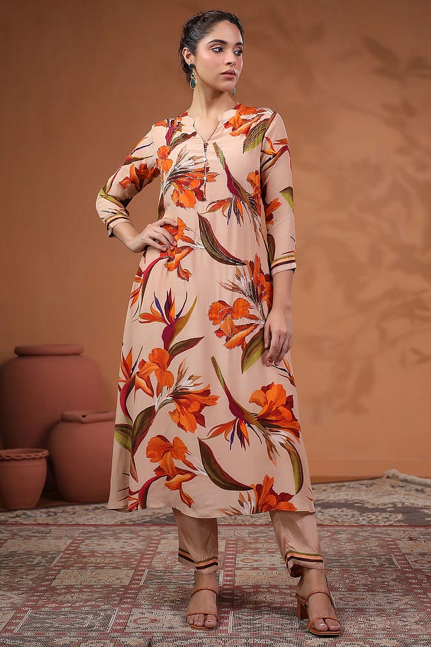 Peach Foil Work Crepe Kurti with Parallel Pant-WKR1929