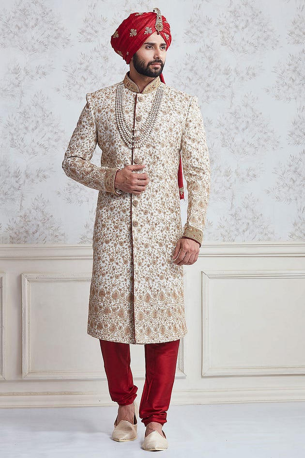 White Zari Embroidered Raw Silk Wedding Sherwani | Sherwani | Mens Sherwani | Wedding Sherwani | Silk Sherwani | Embroidered Sherwani | Sherwani online | Zari Sherwani