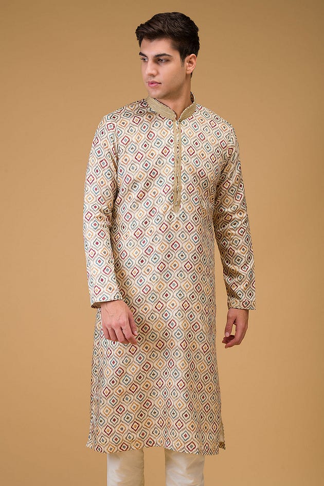 Light Beige Printed Silk Kurta-HI3878