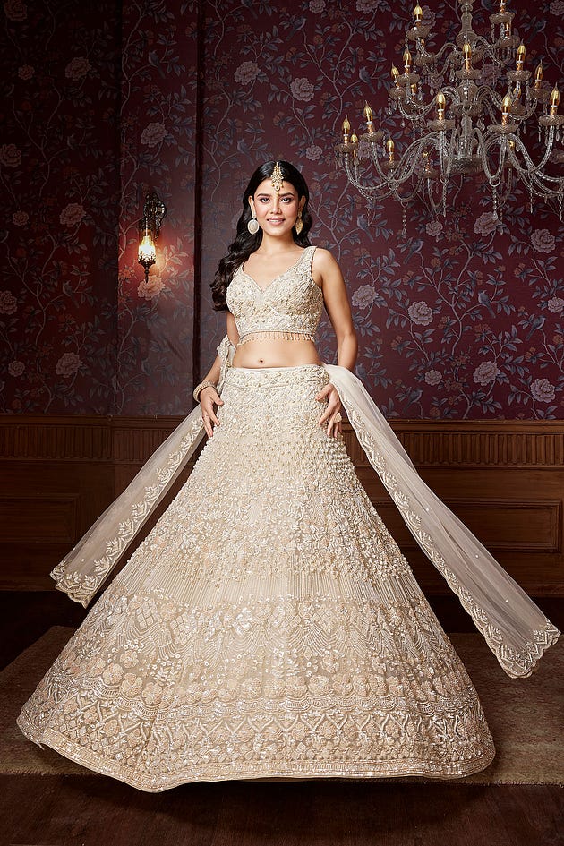 Designer Lehengas in USA, Beige Designer Lehenga with Sequins Embroidery and Leaf Neck Blouse