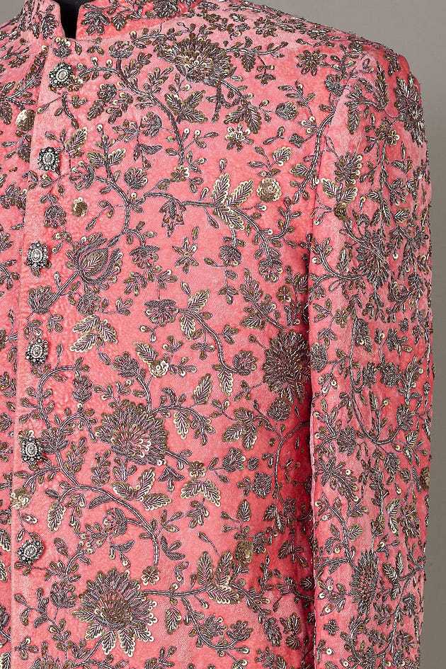 Coral Pink Zardosi Embroidered Suede Jodhpuri Suit