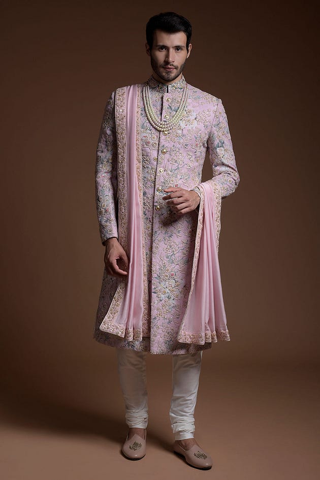 Lilac Purple Thread Embroidered Raw Silk Wedding Sherwani-SH1365