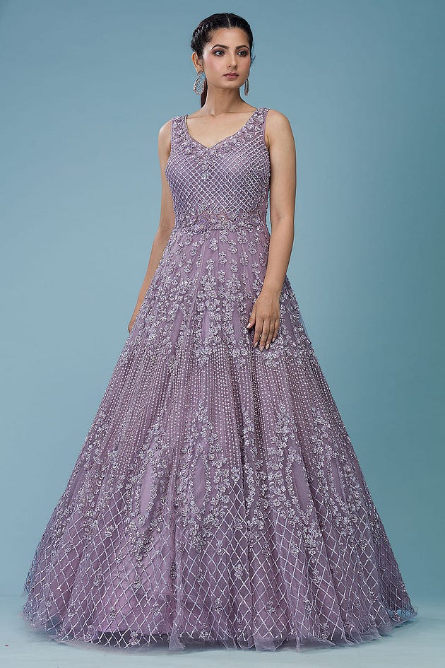 Mauve Orchid Sequins Embroidered Net Reception and sangeet Gown