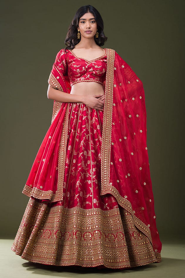 Crimson Red Zari Woven Raw Silk Wedding Lehenga-HK3655